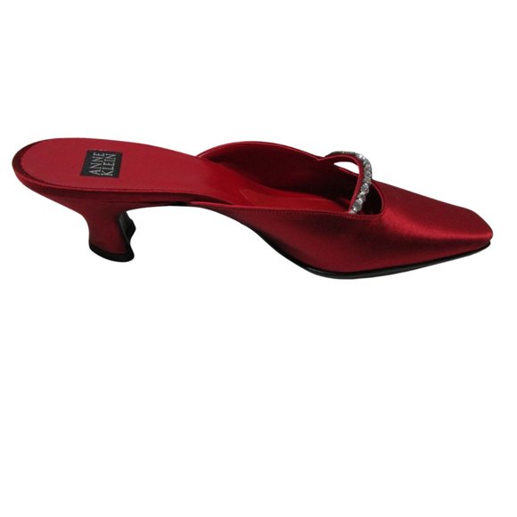 NWT Vintage Red Satin Mule with Square Toe, Heart Shaped Heel and Rhinestones - Picture 7 of 8